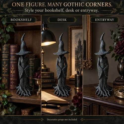 Faceless Gothic Witch Statue - 12 Inch Black Resin Shelf Decor