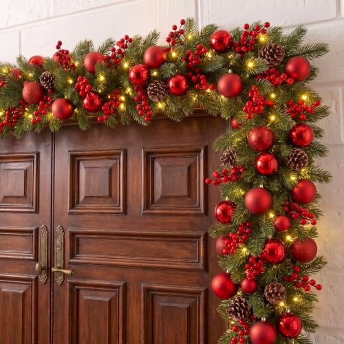 6ft LED Prelit Christmas Garland with Burgundy & Rustic Variations