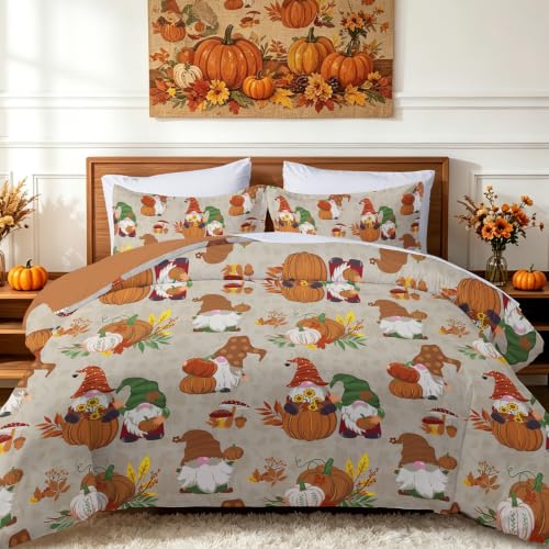 Brown Tan Queen Thanksgiving Duvet Cover Set with Gnome Pumpkin Fall Design