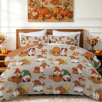 Brown Tan Queen Thanksgiving Duvet Cover Set with Gnome Pumpkin Fall Design