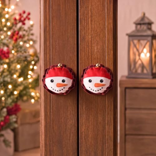 Christmas Snowman Door Knob Cover Set - Plush Holiday Decor, Red & White