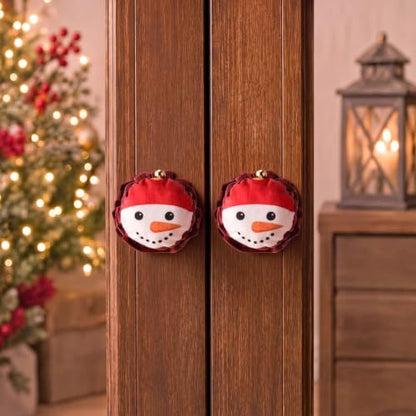 Christmas Snowman Door Knob Cover Set - Plush Holiday Decor, Red & White