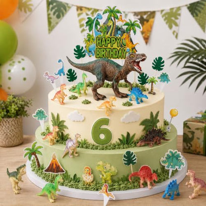 Dinosaur Birthday Cake Topper Set with 3D Figures & Jungle Decor