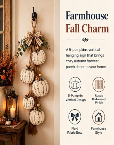 Rustic White Pumpkin Swag with LED Lights & Plaid Bow - Classic Variation