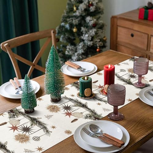 Beige Christmas Table Runner 13x72 Inches Holly Pine Cone Holiday Decor