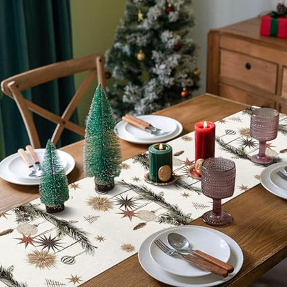 Beige Christmas Table Runner 13x72 Inches Holly Pine Cone Holiday Decor