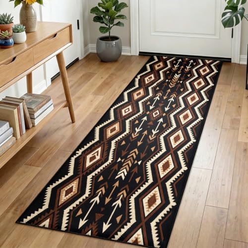 Boho Aztec Runner Rug 4x10 ft Southwestern Tribal Geometric Floor Mat - Black & Earth Tones