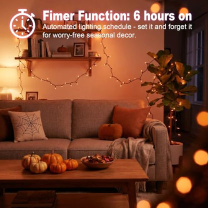 JUSTPRO 100 LED Orange Fall String Lights Battery Operated with Multi-Function Modes - Indoor Decor