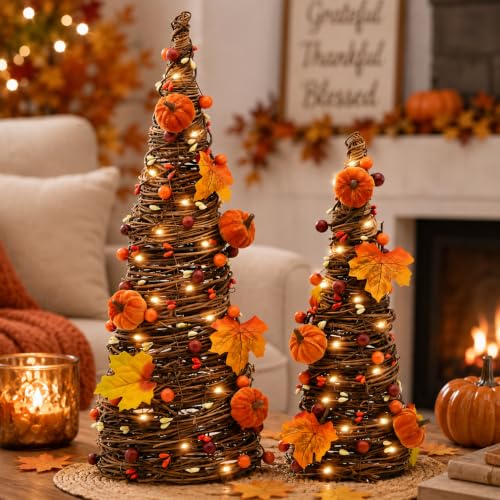 Orange Lighted Thanksgiving Table Tree Decor with Pumpkin and LED Lights