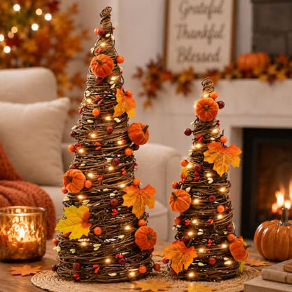Orange Lighted Thanksgiving Table Tree Decor with Pumpkin and LED Lights