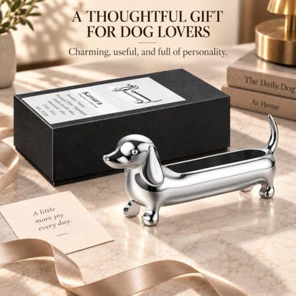 Magnetic Dachshund Desk Caddy - Silver Sculptural Dog Organizer & Decor