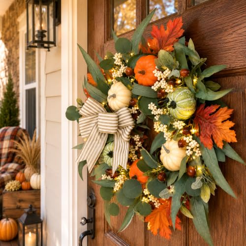Lighted Fall Wreath with Pumpkins, Autumn Decor for Front Door 24 Inches