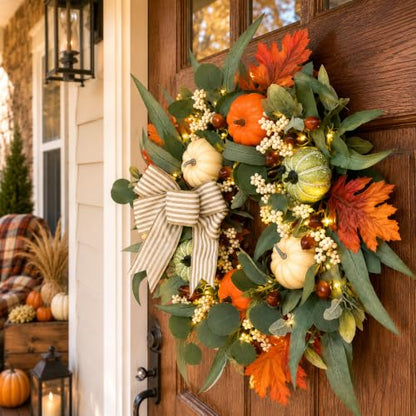 Lighted Fall Wreath with Pumpkins, Autumn Decor for Front Door 24 Inches