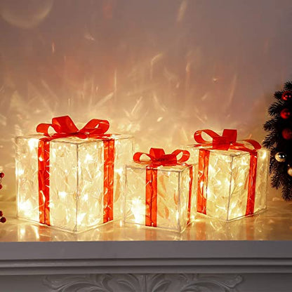 Clear Lighted Christmas Gift Boxes Set of 3 - Outdoor Decor with 60 LEDs