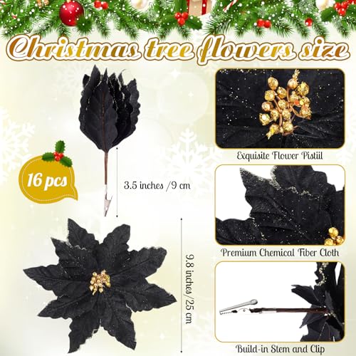 Black Poinsettia Christmas Ornaments with Clips - 16 Large Holiday Flowers