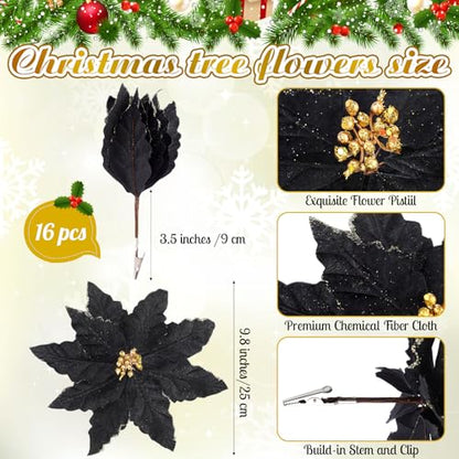 Black Poinsettia Christmas Ornaments with Clips - 16 Large Holiday Flowers