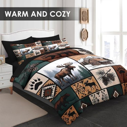 WeCozy Queen Size Comforter Set - Rustic Lodge Bear Moose Bedding Variation 2