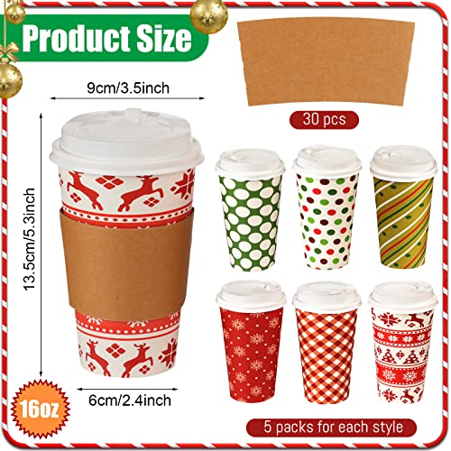 30 Sets Christmas Disposable Coffee Cups with Lids & Sleeves 16 oz - Fresh