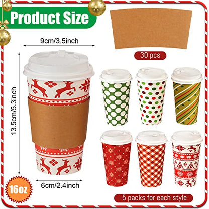 30 Sets Christmas Disposable Coffee Cups with Lids & Sleeves 16 oz - Fresh