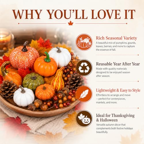 120-Piece Fall Harvest Decor Set with Mini Pumpkins, Gourds & Autumn Accents