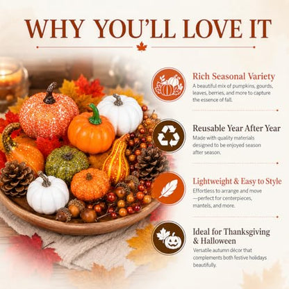 120-Piece Fall Harvest Decor Set with Mini Pumpkins, Gourds & Autumn Accents