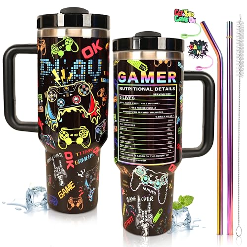 Black Gaming Water Bottle 40oz Insulated Tumbler with Handle & Straw