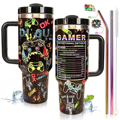Black Gaming Water Bottle 40oz Insulated Tumbler with Handle & Straw