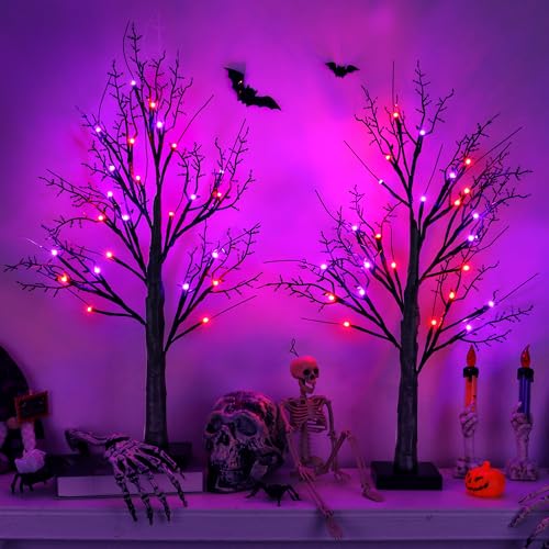 Indoor Halloween Decor 2 Pack Black 24-Inch Tree with Orange & Purple LED Lights - Timer & USB/Battery Operated, Spooky Tabletop Decorations Variation of Orange Purple