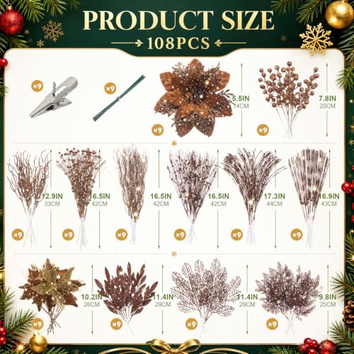 Glitter Bronze Christmas Picks and Sprays - 108 Pieces, 12 Styles - Holiday Decoration