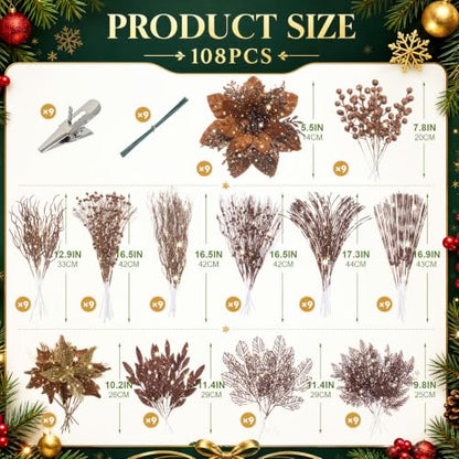 Glitter Bronze Christmas Picks and Sprays - 108 Pieces, 12 Styles - Holiday Decoration