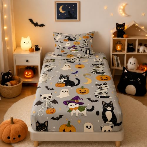 Dusty Gray Multi Cartoon Halloween Bed Sheets Set for Kids Twin Size Pumpkin & Cat Bedding with Deep Pockets
