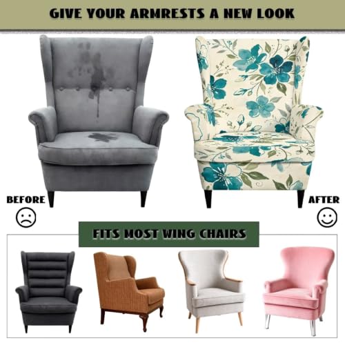 Teal Floral Wingback Chair Slipcover - Scratch-Resistant, Washable, Non-Slip Bottom, Durable Fabric