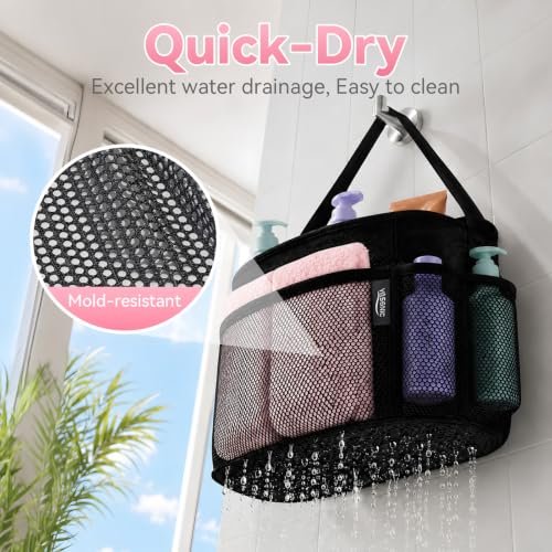 Portable Mesh Shower Caddy with One Handle - Black, 8-Pocket Dorm & Beach Organizer