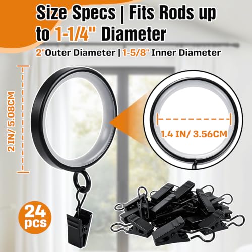 24 Pack Metal Curtain Rings with Clips - 1-5/8 Inch ID for 1-1/4 Inch Rods
