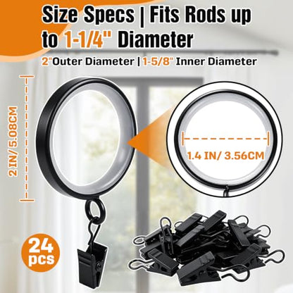 24 Pack Metal Curtain Rings with Clips - 1-5/8 Inch ID for 1-1/4 Inch Rods