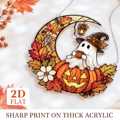 Halloween Ghost Pumpkin Ornament - Witchy Stained Glass Suncatcher, Fall Decor, Pumpkin Variation