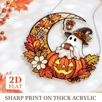 Halloween Ghost Pumpkin Ornament - Witchy Stained Glass Suncatcher, Fall Decor, Pumpkin Variation