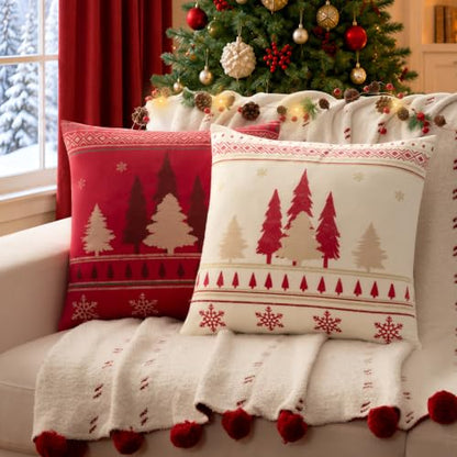 Christmas Pillow Covers 18x18 Inches Velvet Rustic Red Beige Snowflake Pine Tree 2 Pack - Variation of Red-Beige 1
