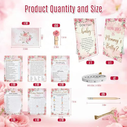 Baby Shower Games Set - 8-In-1 Floral Theme Party Activity Kit