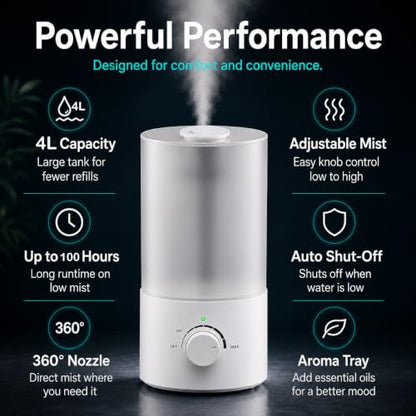 White 4L Ultrasonic Bedroom Humidifier with Essential Oil Tray & Quiet Operation