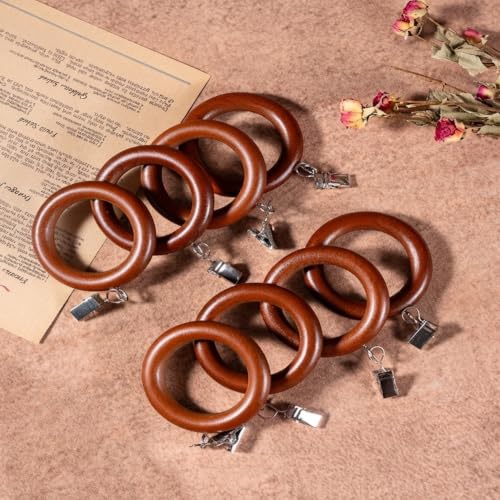 Walnut Wooden Curtain Rings with Clips - 24 Pack, 1.8 Inch Inner Diameter