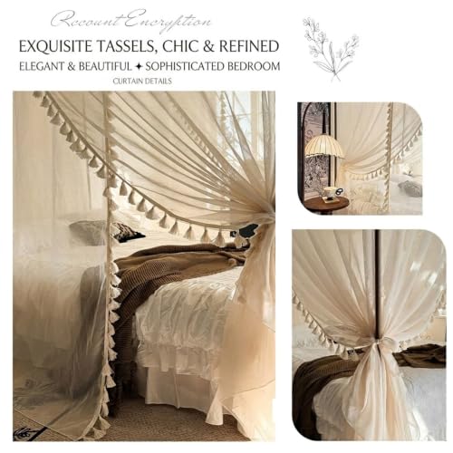 Canopy Bed Curtains with Bohemian Tassel Pendant Cotton Yarn - Beige / 1.5x2M