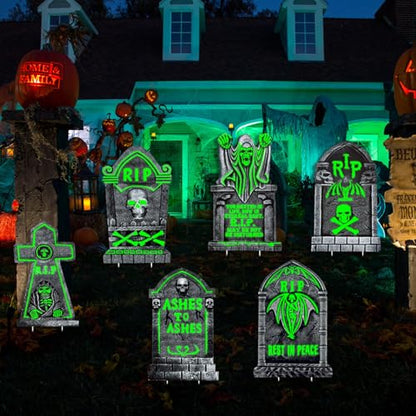 6 Pack Halloween Glow in The Dark Tombstones Decorations with Stakes - Large 16.5x10 Inch Outdoor Cemetery Props
