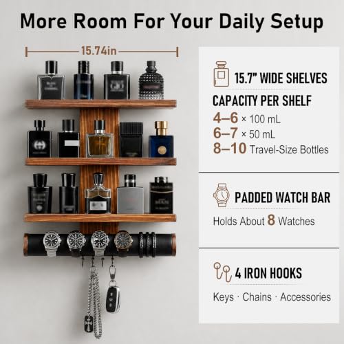 Wall Mounted Cologne Organizer with 3-Tier Shelves and Watch Bar