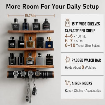 Wall Mounted Cologne Organizer with 3-Tier Shelves and Watch Bar