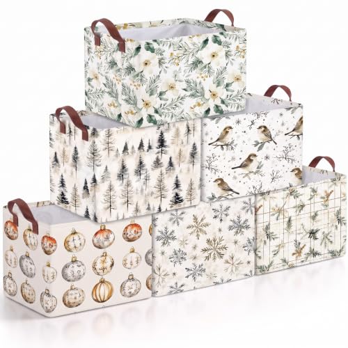 Christmas Storage Baskets Set of 6 Collapsible Cotton Gift Bins Beige Natural