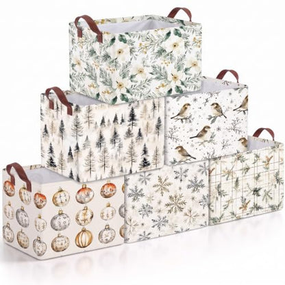Christmas Storage Baskets Set of 6 Collapsible Cotton Gift Bins Beige Natural