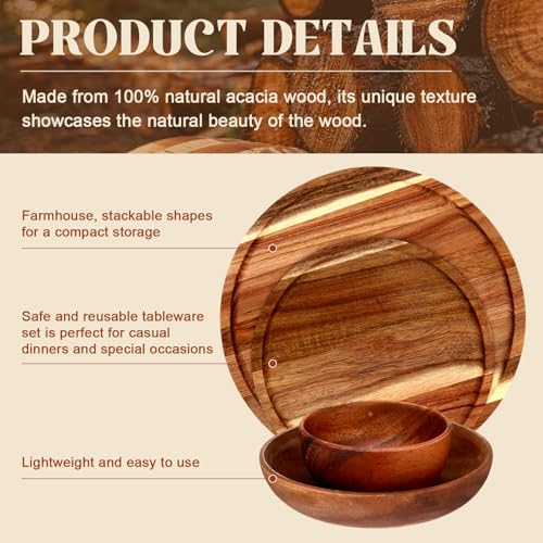 42 Pcs Acacia Wood Dinnerware Set - Wooden Plates Bowls & Utensils, Variation 42