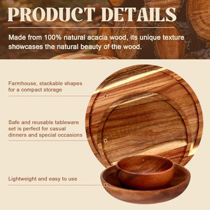 42 Pcs Acacia Wood Dinnerware Set - Wooden Plates Bowls & Utensils, Variation 42