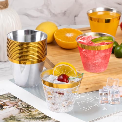 Gold Plastic Cups 9oz Disposable Party Cups - 200 Pack, Gold Rim